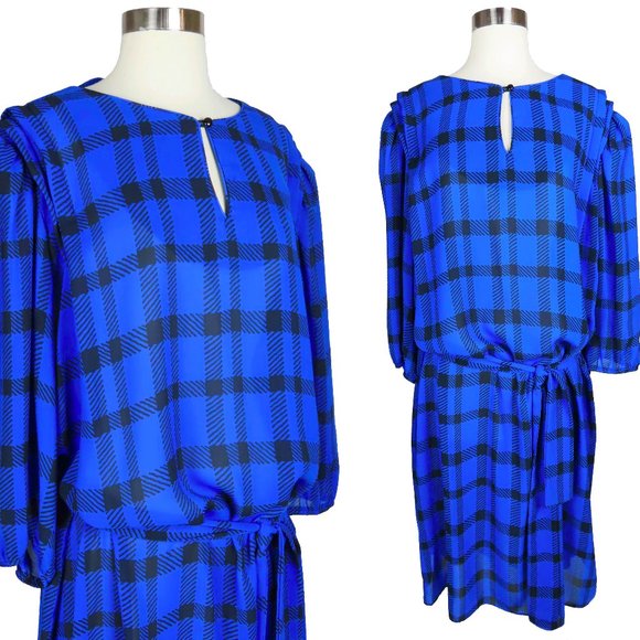 Vintage Dresses & Skirts - Vintage 80s Blue Black Plaid Dress 2X Plus Size